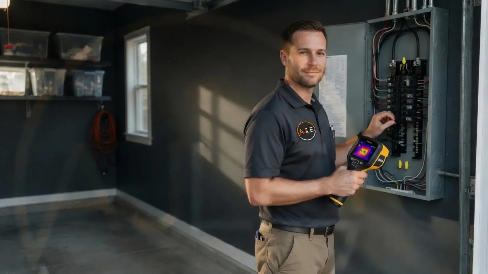 AJ Long Electric electrician inspecting a home electrical panel with a thermal camera